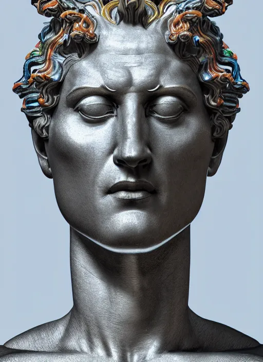 Image similar to stylized rainbow bismuth ornate statue full body made of marble of caesar, perfect symmetrical body, perfect symmetrical face, hyper realistic, hyper detailed, by johannen voss, by michelangelo, octane render, blender, 8 k, displayed in pure white studio room