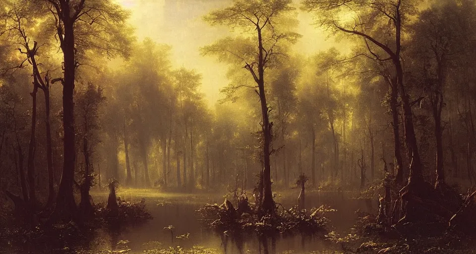 Image similar to A dense and dark enchanted forest with a swamp, by Albert Bierstadt,