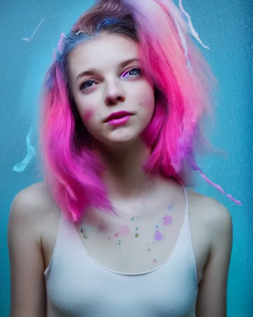 Image similar to a dramatic lighting photo of a beautiful young woman with cotton candy hair. paint splashes. with a little bit of cyan and pink