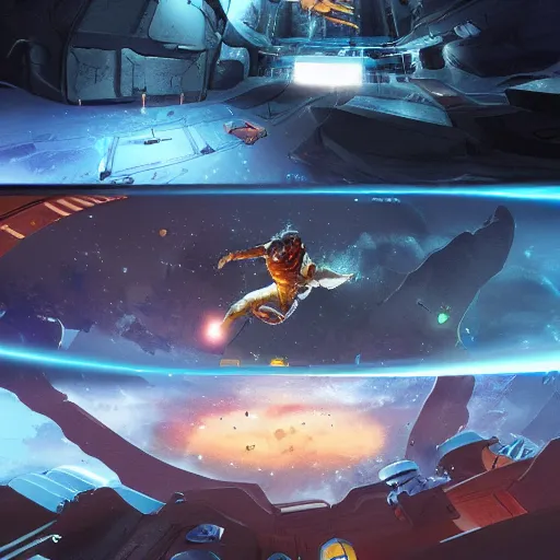 Prompt: epic scifi treasure hunting space adventure, dynamic action composition concept art