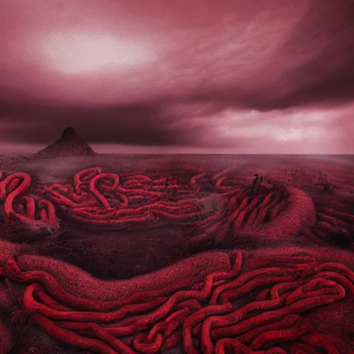 Image similar to a landscape made of giant intestines and other organs, monoliths of bone, rivers of blood, under an oppressive red sky