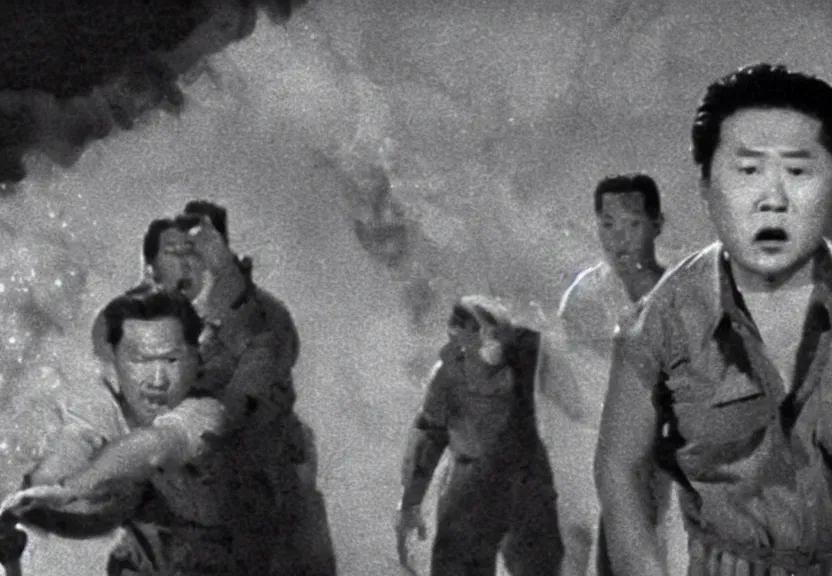 Image similar to a filmstill of pulgasari, kaiju starfish, monster movie, korean film noir, 1 9 5 0 s thriller, kim jong - il, in the style of rashomon and godzilla