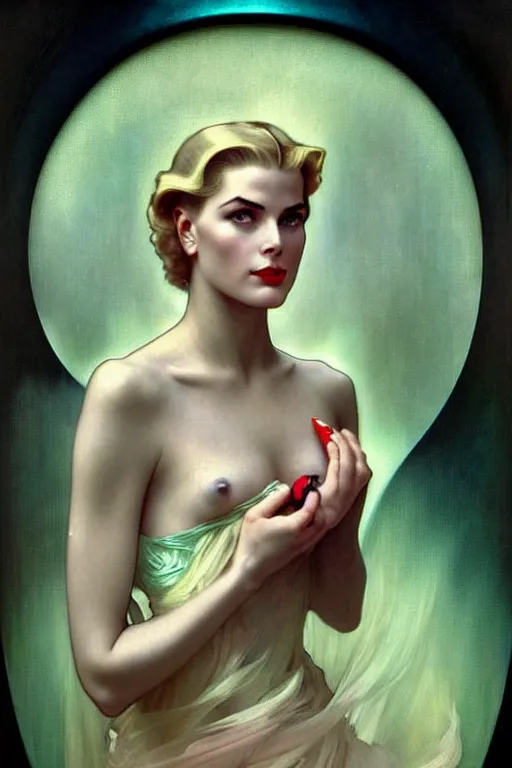 Prompt: young and beautiful evil cyborg grace kelly by steichen from the future in the style of tom bagshaw, alphonse mucha, gaston bussiere, cyberpunk. anatomically correct surreal body mods. extremely lush detail. masterpiece. melancholic scene infected by night. perfect composition and lighting. sharp focus. high contrast lush surrealistic photorealism. sultry expression on her face.