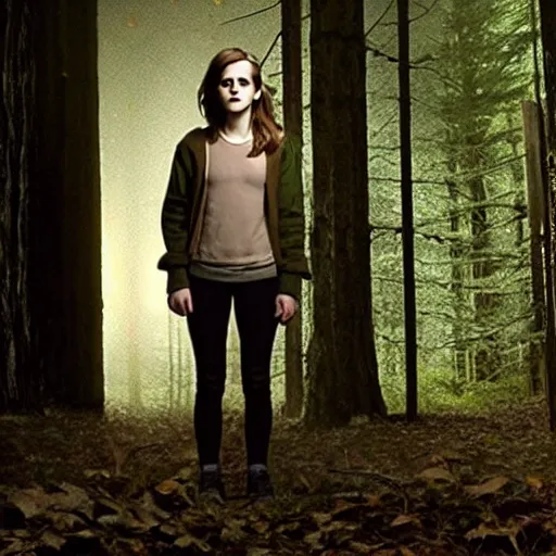 Prompt: emma watson, found footage, in woods, front light, blair witch