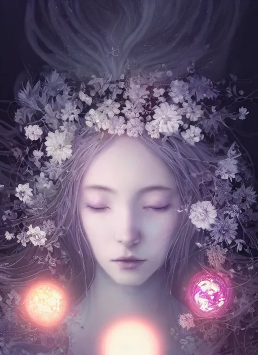 Image similar to a beautiful majestic white queen with flowers on her hair, glowing light orbs, intricate concept art, elegant, digital painting, smooth, sharp focus, ethereal mist, deep colors, illuminated lines, outrun, vaporware, dark background, cyberpunk darksynth, ethereal, ominous, misty, 8 k, rendered in octane, by ruan jia and miho hirano