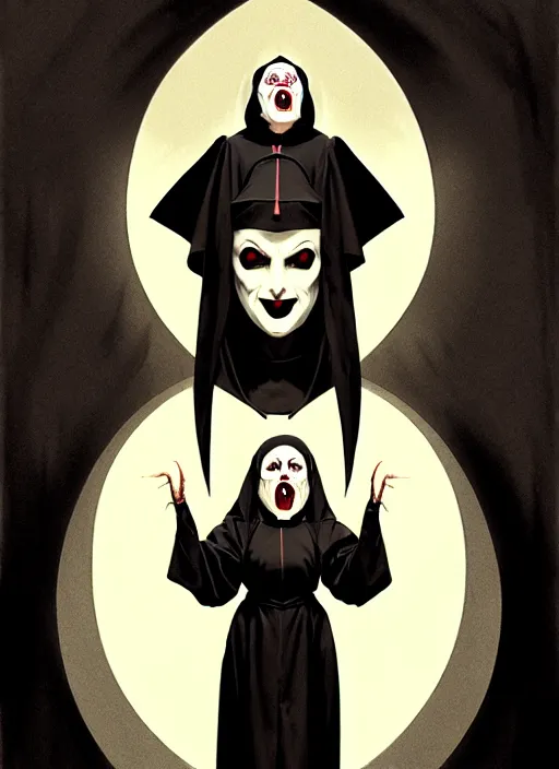 Image similar to scary female vampire nun, symmetrical face, evil grin, nun outfit, portrait size, cinematic, dramatic, super detailed and intricate, by koson ohara, by darwyn cooke, by greg rutkowski, by satoshi kon