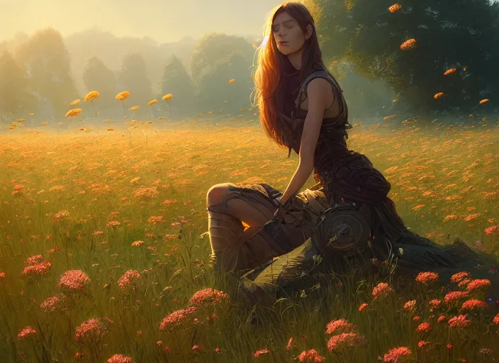 Image similar to detailed intricate digital illustration by greg rutkowski and artgerm and wlop and sanford robinson gifford ; 2 0 0 4 vehicle, beautiful meadow with colorful flowers in background ; 1 3 mm film, arri alfa anamorphic lens ; sharp focus, golden hour lighting, trending on artstation 4 k ; close view