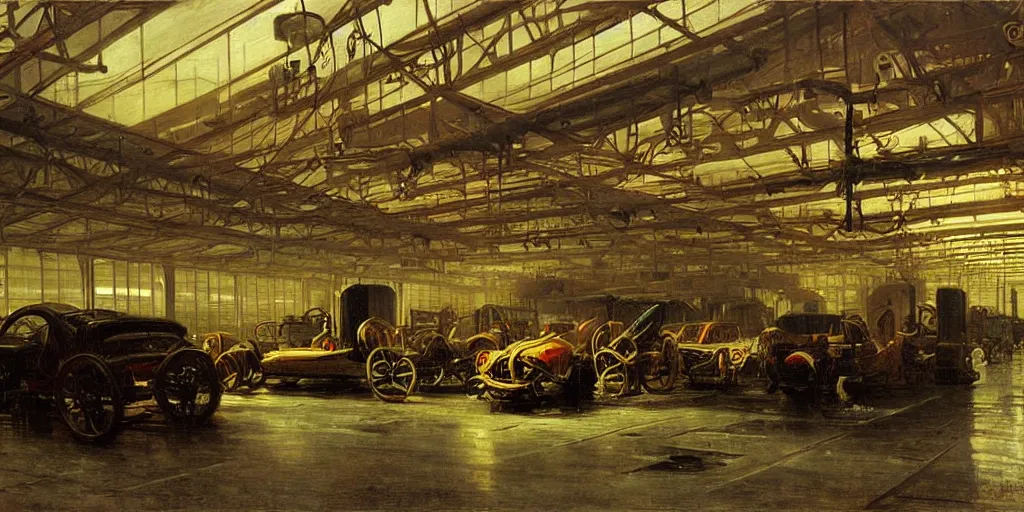 Prompt: Inside an automobile factory, very beautiful painting by Albert Bierstadt