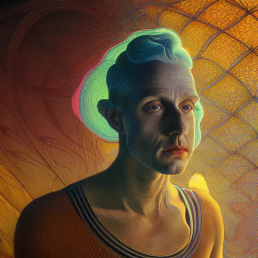 Image similar to realistic extremely detailed portrait painting of an average man , retro futuristic , by beeple,Jean Delville, Amano, Yves Tanguy, Alphonse Mucha, Ernst Haeckel, Edward Robert Hughes, Roger Dean, rich psychedelic moody colors, blue eyes,octane render,4k.f32