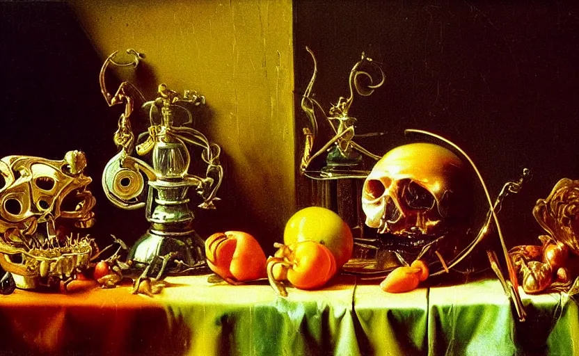 Prompt: beautiful colorful oil painting dutch golden age vanitas still life with gorgeous futuristic objects shiny transparent surfaces shiny metal devices insect nanotech rachel ruysch dali todd schorr very detailed perfect composition rule of thirds masterpiece chiaroscuro canon 5 0 mm, cinematic lighting, photography, retro, film, kodachrome