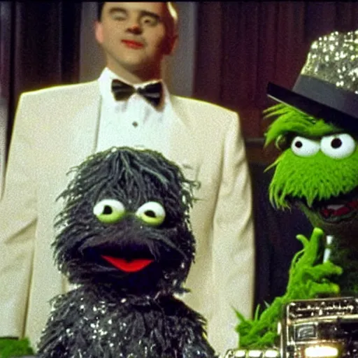 Prompt: Oscar the Grouch in a sparkly white tuxedo in an episode of the tv show American Horror Story (1998), vintage VHS video