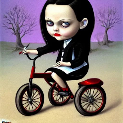 Image similar to Wednesday Addams on a tricycle, lowbrow painting by Mark Ryden