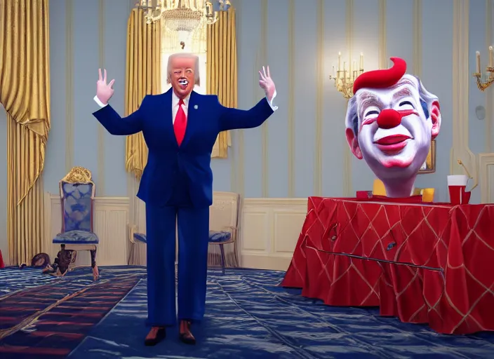 Image similar to Beautiful art portrait of Joe Biden acting as Clown buffoon in the Whitehouse with Donald Trump laughing in the background, unreal 5, DAZ, hyperrealistic, octane render dynamic lighting, vray