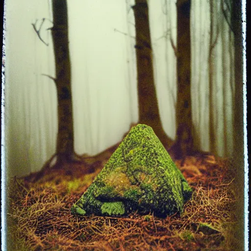 Image similar to a mossy rock pyramid in the middle of a forest clearing at night, dark, foggy, eerie, creepy, unsettling, lost footage, old polaroid, expired film,