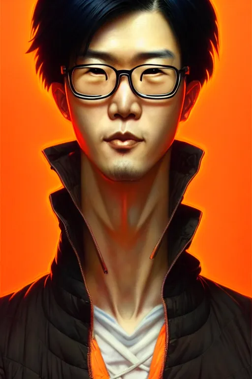 Prompt: a japanese man with short black hair, broad shoulders, thick round spectacles, wearing a bright orange bomber jacket, seductive cyberpunk dark fantasy, art by artgerm and karol bak and moebius and alphonse mucha and greg rutkowski, hyperdetailed, ultrarealistic, octane render