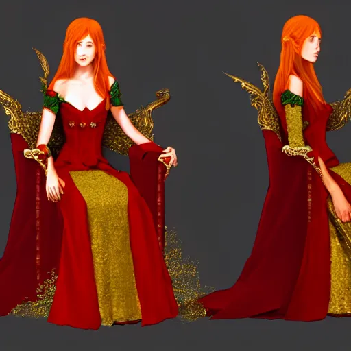 Image similar to Portrait of a red-haired beautiful elven queen in red, gold and green dress sitting on a throne. In style of Hyung-tae Kim, concept art, trending on ArtStation, Korean MMORPG.