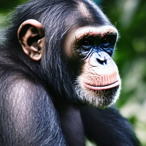 Image similar to a chimpanzee with a pensive look, wearing headphones