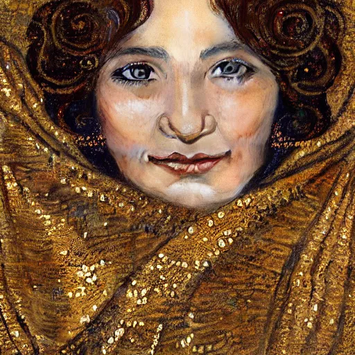 Prompt: highly detailed portrait of an smile elegant lady in a golden sequin shawl, finer details, concept art, smooth, sharp focus, illustration, by gustav klimt, trending on artstation.