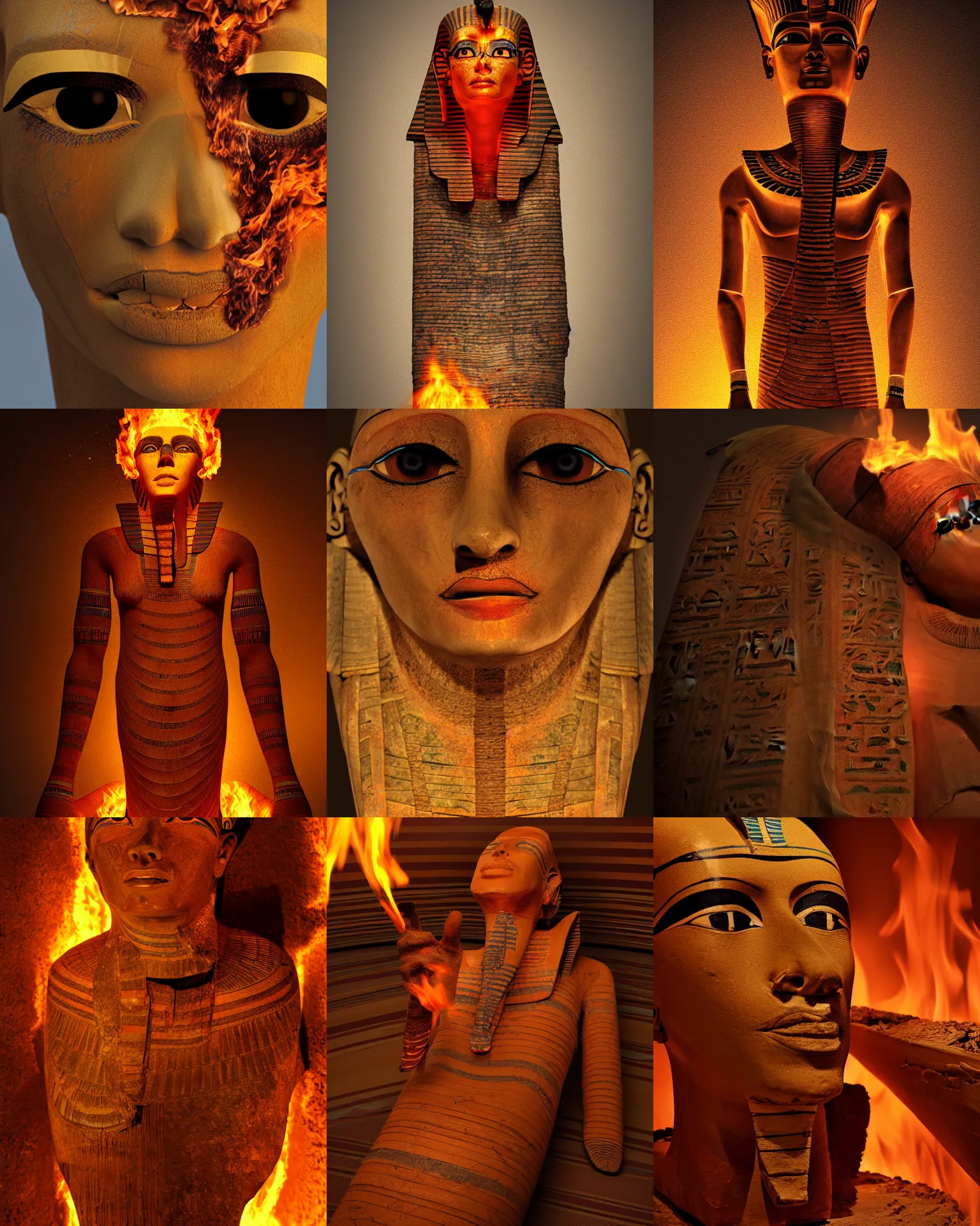 Prompt: egyptian mummy, on fire, 4 k realistic