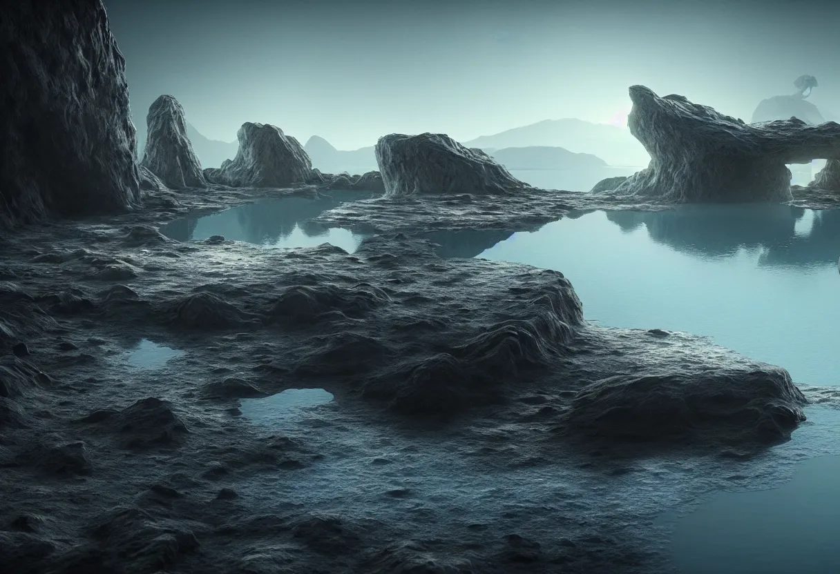 Prompt: inside of alien lake landscape of human mind and imagination, big rocks and pebbles, matte painting, beautiful render, octane render, concept art