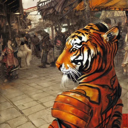 Image similar to 8k Yoshitaka Amano painting of upper body of a young cool looking slim tigress tiger beast-girl at a medieval market at windy day. Depth of field. She is wearing leather armor. Renaissance style lighting