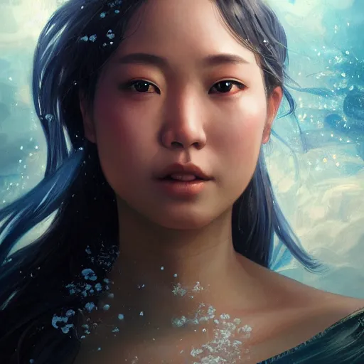 Prompt: Asian female water elemental, lifelike, portrait, highly detailed, digital painting, artstation, concept art, sharp focus, illustration, cinematic lighting, art by artgerm and greg rutkowski and alphonse mucha