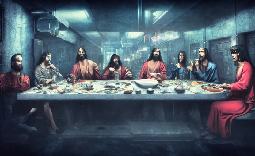 Image similar to the last supper cyberpunk style shot atmospheric