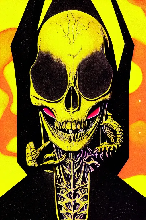 Prompt: portrait of black and yellow technicolor grainshading print, richard corben, wayne barlowe, moebius, heavy metal comic cover art, psychedelic triangular skeleton, very intricate, thick outline, full body, symmetrical face, long black crown, in a shapes background, galactic dark colors