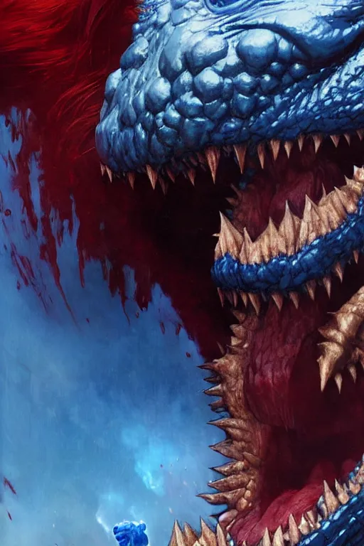 Image similar to beautiful vampire with red hair eating blue shin - godzilla, extreme close up detailed face portrait dnd, painting by gaston bussiere, craig mullins, greg rutkowski, yoji shinkawa