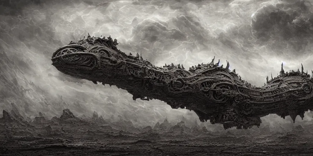 Prompt: a large ominous and geometric very ornate and detailed spaceship, lots of shapes intertwined very large and long floating over a barren dry land with an epic cloud formation on the background by lebbeus Woods, gustave doré, zhuoxin ye, James Paick,very detailed, octane render, 8k, scary and brooding, scary and dark, canon 24mm lens