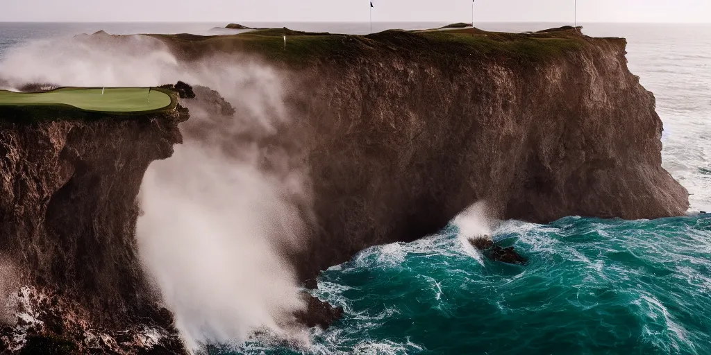 Image similar to a great photograph of the most amazing golf hole in the world complete surrounded by water, huge waves crash against the cliffs, perfect light, ambient light, 5 0 mm, golf digest, top 1 0 0, fog