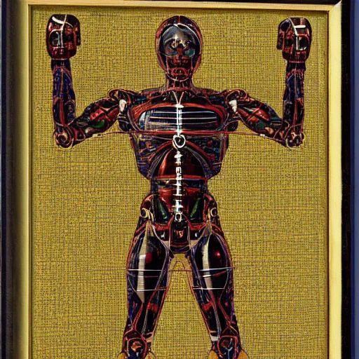 Image similar to cyborg as a vtruvian man blueprint by leonardo davinci