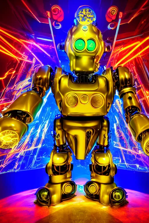 Image similar to portrait photo of a giant huge golden and blue metal futuristic steampunk robot covered with multicolored big gears and tubes, eyes are glowing red lightbulbs, robot plays on a huge electric steampunk guitar, shiny crisp finish, 3 d render, 8 k, insaneley detailed, fluorescent colors, background is multicolored lasershow