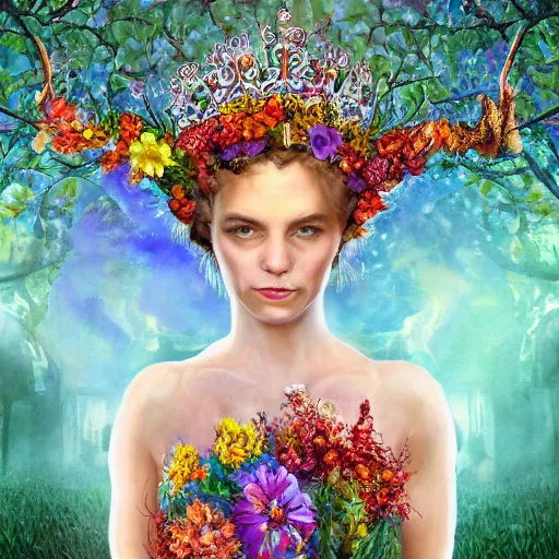 Image similar to Queen of the Fae wearing a crown of flowers and brocaded sleeveless gown, character portrait, inside, archways, intricate brickwork, highly detailed, colorful, hyper realism, 4k