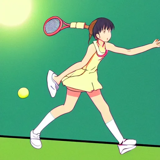 Prompt: A girl playing tennis, Japanese anime style, tennis film style