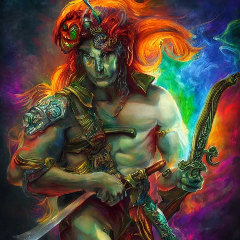 Prompt: fantasy portrait of a rainbow demon holding a gun and sword