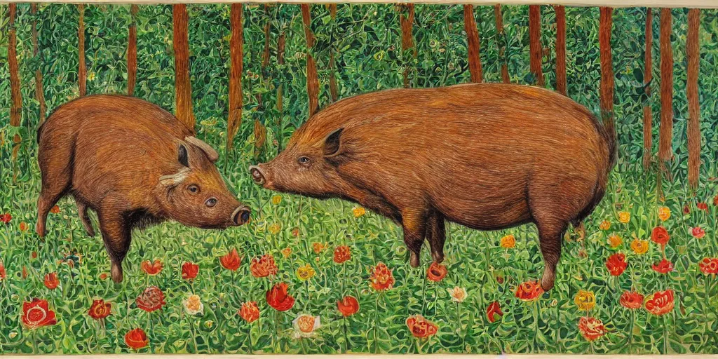 Prompt: Painting of a wild boar in the forest in style of Louis Wain
