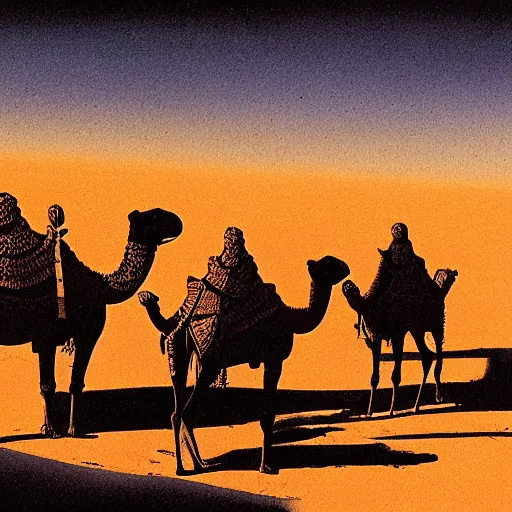 Prompt: 6 camels in the desert at night , richard corben