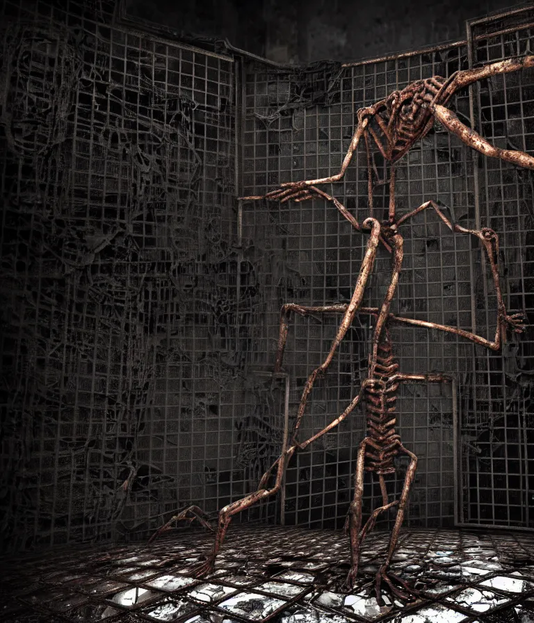 Prompt: Creepy huge suffering humanoid with long limbs sits on the floor. An underground very dark gloomy multi-layered structure of rusty thick iron grates, dense chain-link fencing and peeling walls. Inside view, collapsed floors, bent rusted iron, masterpiece, black background, corners, cinematic, hyperdetailed, photorealistic, hyperrealism, octane render, 8k, depth of field, bokeh, architecture, shadows, art by Zdzisław Beksiński, Dariusz Zawadzki