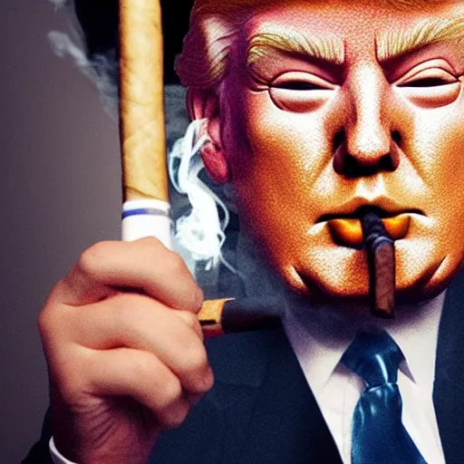 Image similar to a high quality photo of donald trump smoking a cigar, 3d scene, render, ultra realistic, artstation, cgsociety