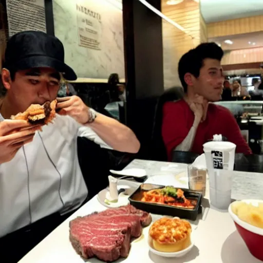 Image similar to a famous hollywood personality, eating wagyu steak at a macdonalds restaurant