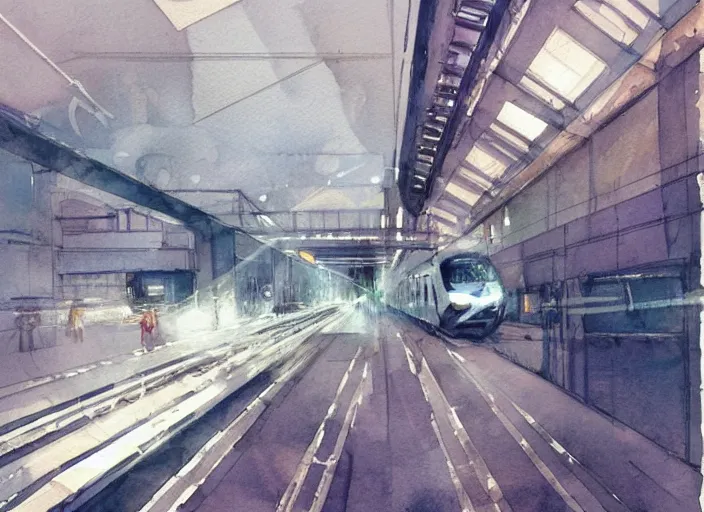 Prompt: concept art of a urban train, pinterest, artstation trending, behance, watercolor, by coby whitmore *, silver, laser light *,