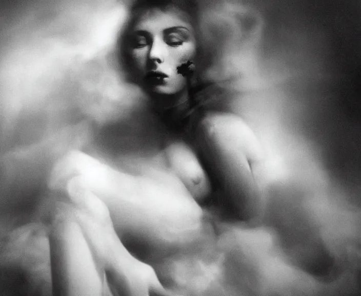 Prompt: mysterious and sensual scene of human transformation // thick detailed smoke, natural soft pale skin, innocence, sophisticated hands // noir, german expressionism, 20 century photography // old 35mm double-exposure photo, award-winning photography, masterpiece, grainy, cinematic, atmospherical, high contrasted // slightly erotic, eerie and atmospheric, sophisticated and unsearchable masterpiece, deep shadows, slightly colorful, strong composition // depth of field, ambient occlusion, motion blur, HD, intricate details, sharp focus, natural textures