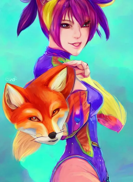 Prompt: a colorful and vibrant and provenance beautiful human face fox lady, full foxbody un magic pose, official genshin impact character concept, anime, kawaii, full - body portrait, holographic undertones, highly saturated colors, by artgerm, professional character designer, trending on artstation, highly detailed, cgsociety