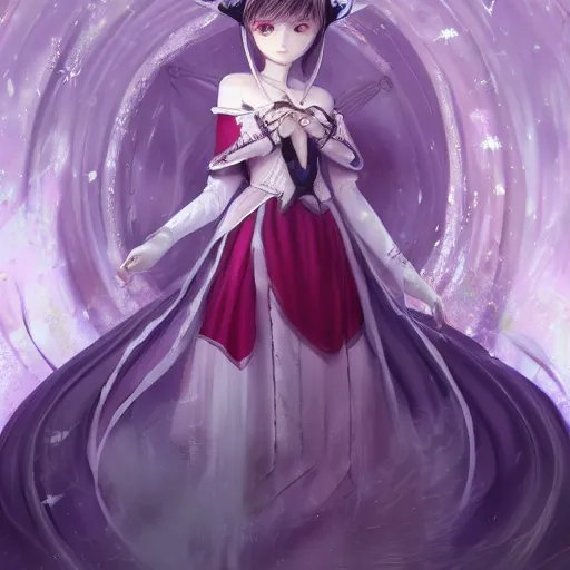 Prompt: Puella Magi Madoka Magica concept art, anime beautiful magical girl, digital painting, elegant dress, intricate, bow, super detailed face and eyes, WLOP, Tran Ross, illustration, artgerm, trending on artstation, trending on pixiv, hyperdetailed, Unreal Engine 4k, 8k, ultra HD