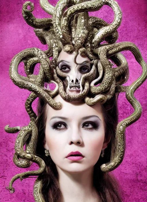 Image similar to a portrait medusa by candy makeup, photorealistic, intricate details, hyper realistic, fantasy, elegant, baroque, horn, ram skull headpiece, photorealistic, photography, symmetrical features, symmetrical pose, wide angle shot, feet on the ground, wearable art, unreal engine