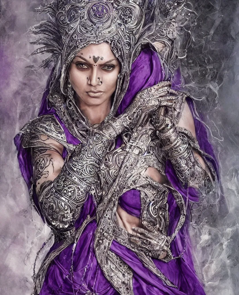 Prompt: an indian woman with silver hair, mystical symbols tattooed on her face, dressed in a flowing purple cape and a futuristic armour, highly detailed, by gabriele dell'otto