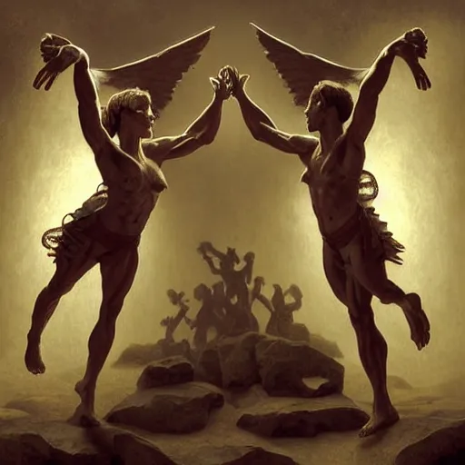 Prompt: two muscular acrobatic dancing Angels standing in the front of gates of hell doing akrobatics together . Wings are made of glass bottles. angels are draped with bones. Digital painting. Art station. Mood lighting. Skindness, highly detailed, concept art, intricate, sharp focus, einar jonsson and bouguereau - h 1200