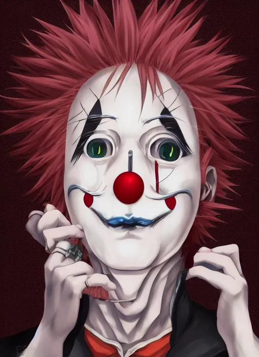 Image similar to portrait of the clown removing his makeup, anime fantasy illustration by tomoyuki yamasaki, kyoto studio, madhouse, ufotable, trending on artstation