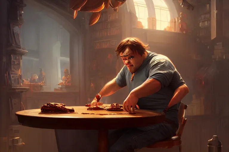 Prompt: jack black inside flapjacks, hyper detailed, digital art, artstation, cinematic lighting, studio quality, smooth render, by caravaggio, artgerm, greg rutkowski, craig mullins